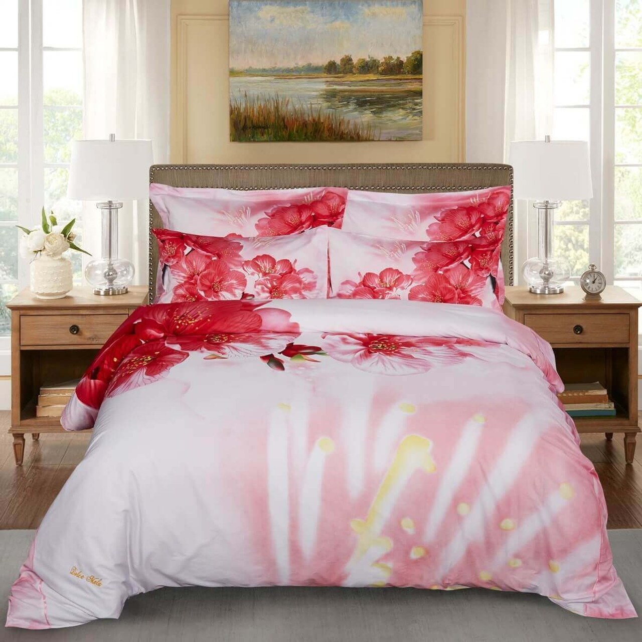 Duvet Cover Set, Queen size Floral Bedding, Dolce Mela - Pink