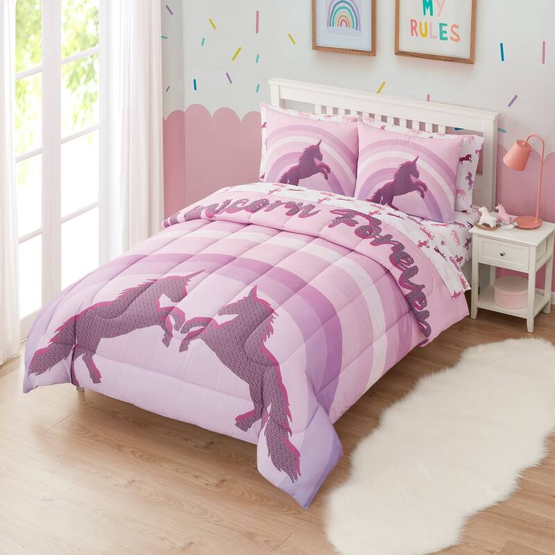 Kids Unicorn Forever Bed in a Bag Comforter, Sham & Sheet Set