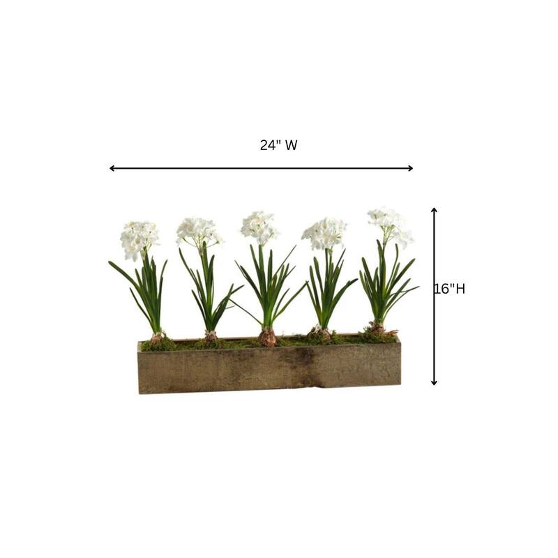 HomeStock Paper Whites in Rectangle Wooden Planter - Elegant Faux Flowers for Entryways or Tabletops - 16