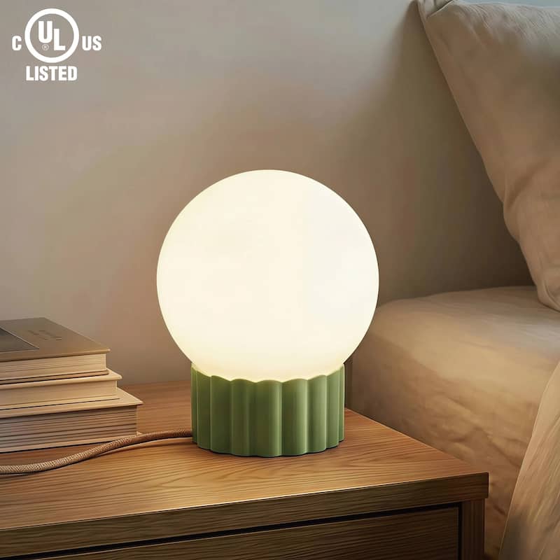 Modern 6.9" Opal Glass Globe Table Lamp with Fluted Resin Base, Dimmerable Rotary Switch, Accent Lighting (Bulb Not Included) - Green