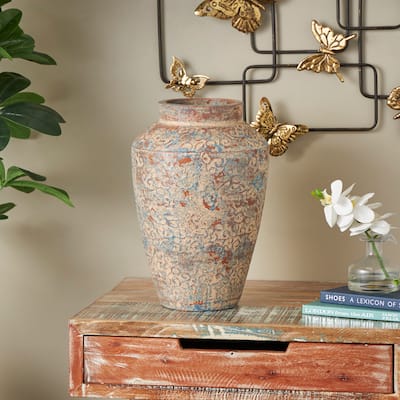 Beige Ceramic Handmade Antique Style Scroll Decorative Vase with Blue and Copper Accents