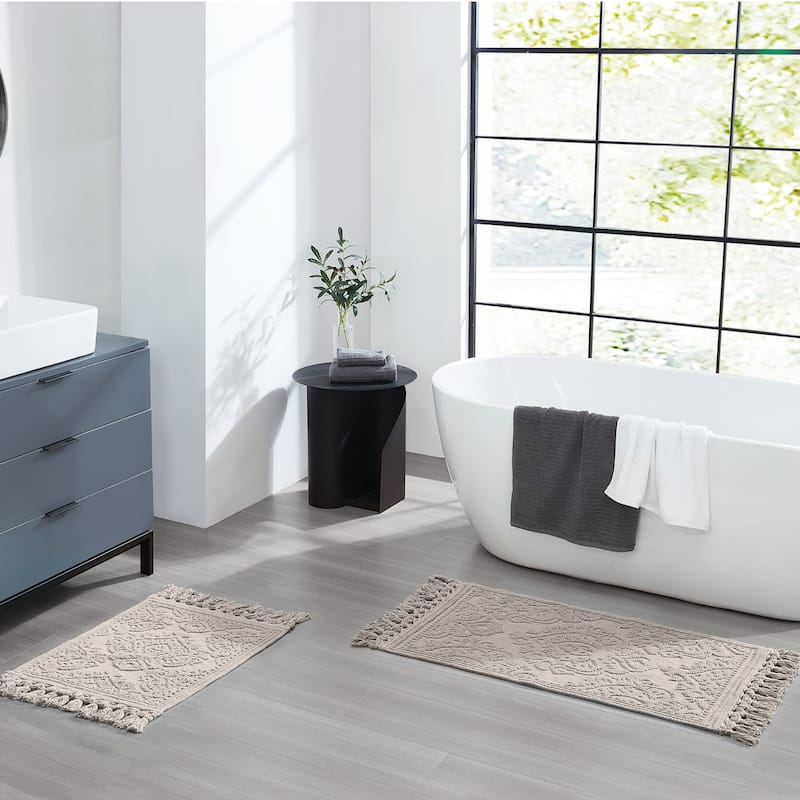 Jean Pierre Ricardo Cotton Fringe 2-Piece Bath Rug Set - 17" x 31"/21" x 41" - Light Gray