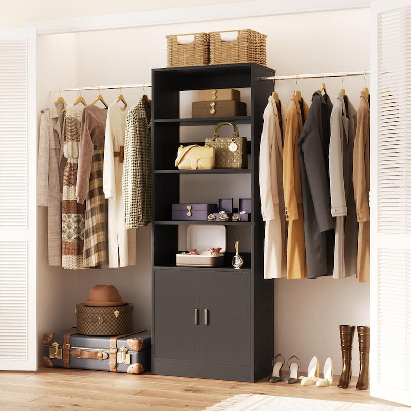 Rackcog 25'' - 104'' W Closet Organizer with Expandable Hanging Rods, Cabinet, Adjustable Shelves