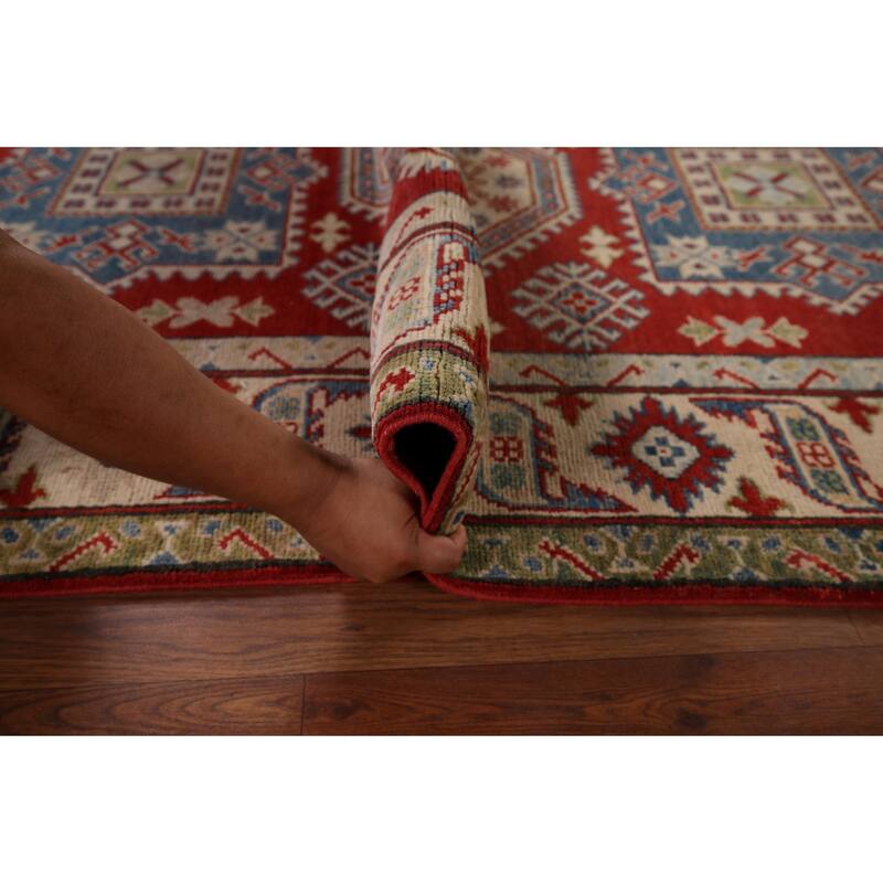 Geometric Red Kazak Runner Rug Hand-Knotted Hallway Wool Carpet - 3'11" x 13'4"