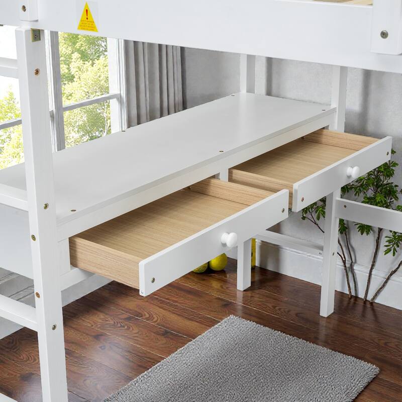 Full Size Loft Bed with Built-in Desk, Storage Drawers, Shelves and Cabinets, Space-Saving Workstation Bed Frame