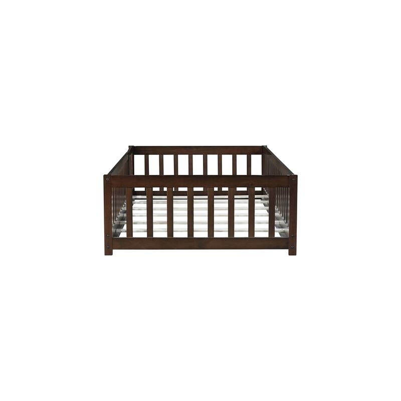 Twin Size Floor Bed with Fence and Door, Rubber Wood Floor Bed with Safety Guardrails