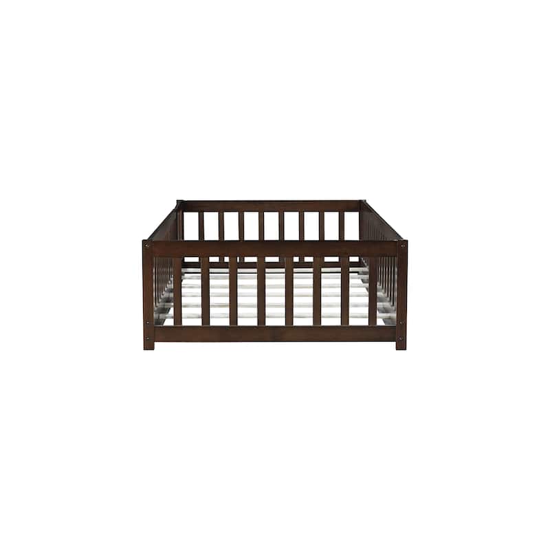 Twin Size Floor Bed with Fence and Door,Rubber Wood Floor Bed with Safety Guardrails