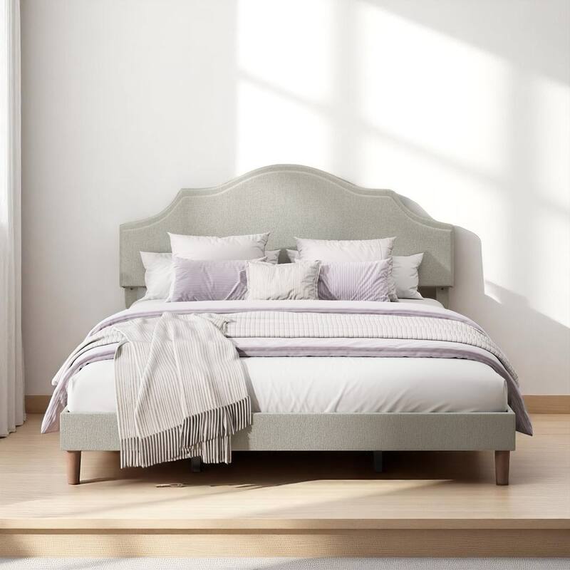 Modern Queen/King Size Platform Bed Frame with Adjustable Linen Headboard, Wood Slats, 1000lbs Support, Beige