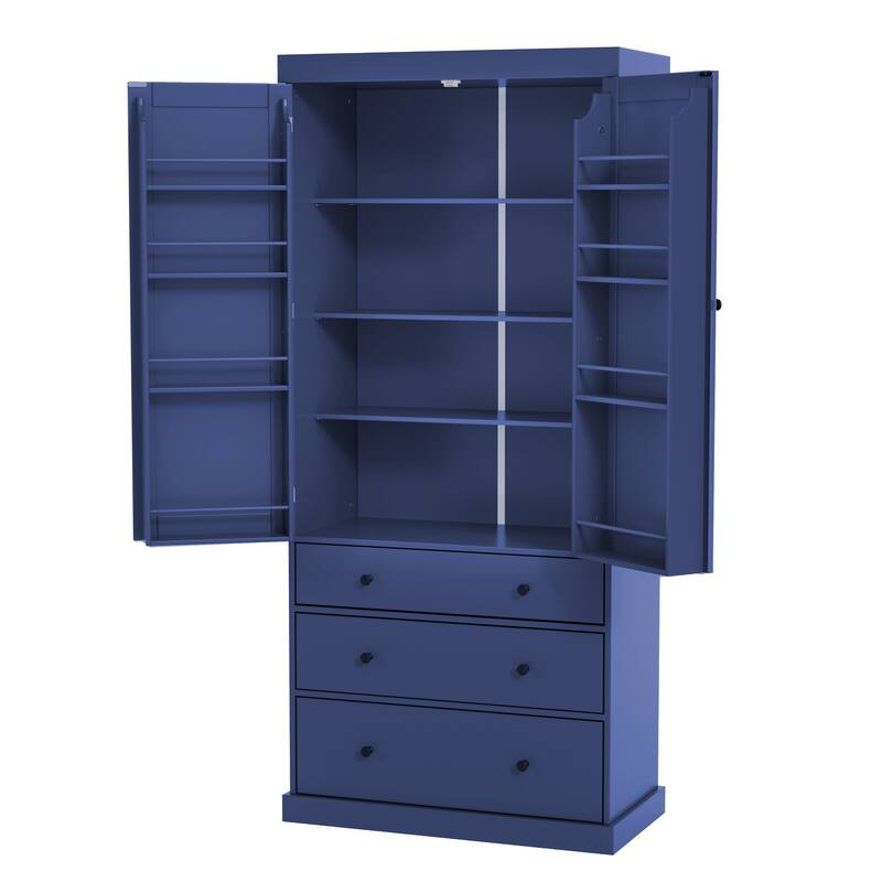 Roomfitters 77 Inch Farmhouse Kitchen Pantry Cabinet with 8 Door Shelves and 3 Drawers, Tall Cupboard, Blue