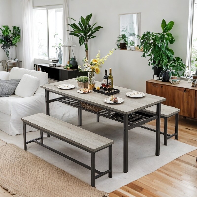 Retro Style 3 Piece Oversized Table Set with 2 Benches for Dining