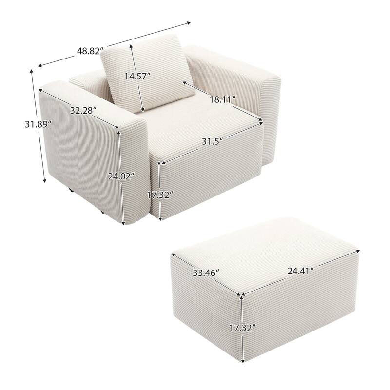 Corduroy Sectional Modular Sofa with Square Arms & Ottoman Extension for Flexible Arrangements