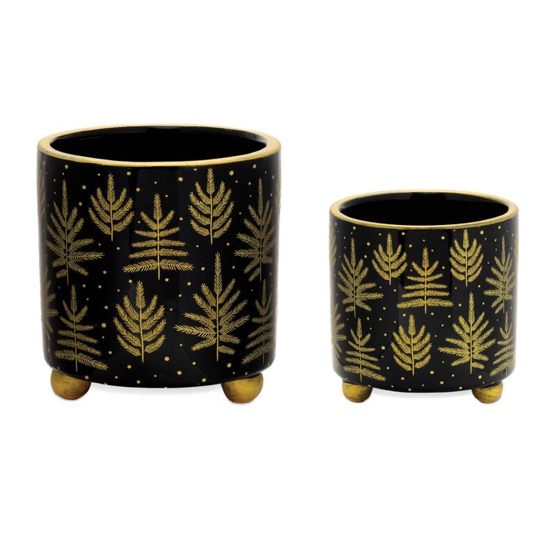 Footed Pine Tree Christmas Planters - 5.75" - Black and Gold - Set of 2