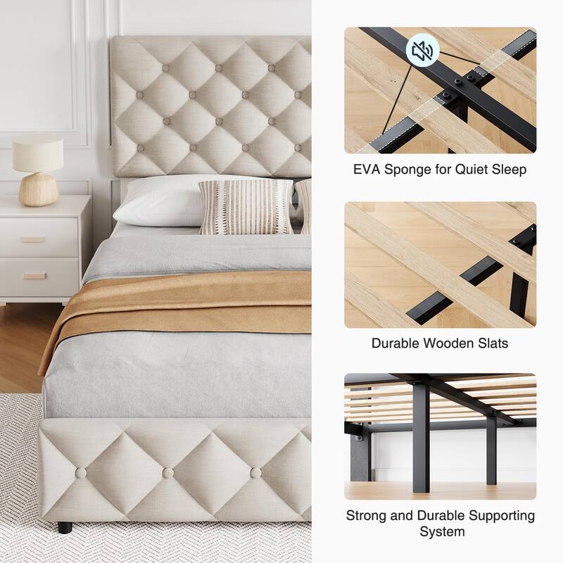 Linen Upholstered Platform Bed Frame Diamond Stitched Button Tufted