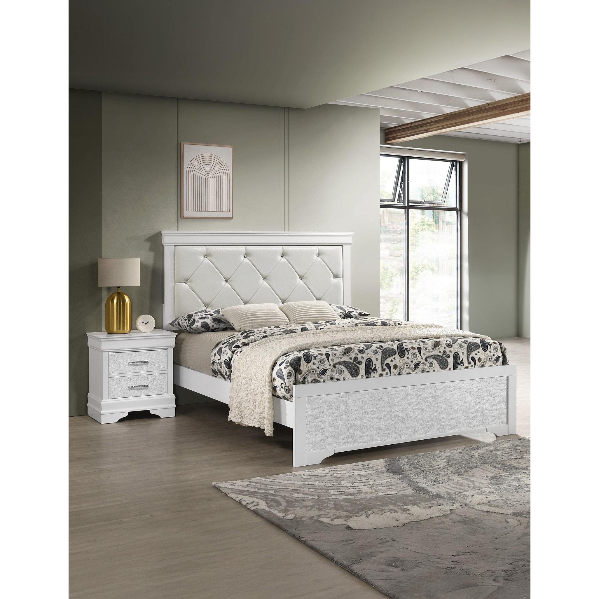 White Upholstered Panel Bed 2x Nightstand Set 3pc Bedroom Wooden Furniture