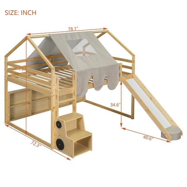 dimension image slide 0 of 4, Full Size Loft Bed with Slide, Tent, and Storage Shelves - House Frame Kids Bed with Ladder and Car-Shaped Organizer