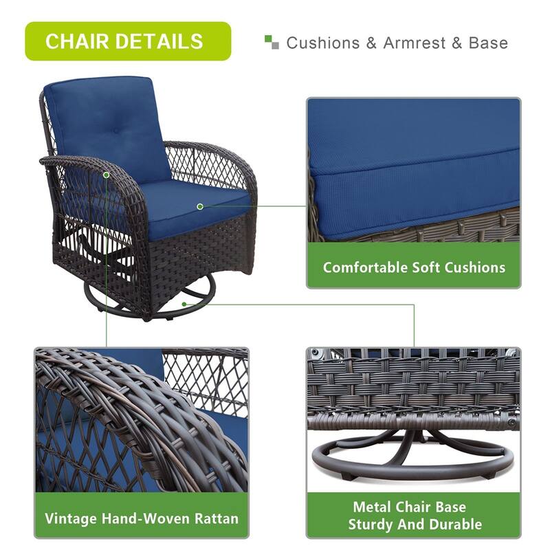 360-Degree Patio Wicker Swivel Rocker Chairs Set,w/Cushions and Table