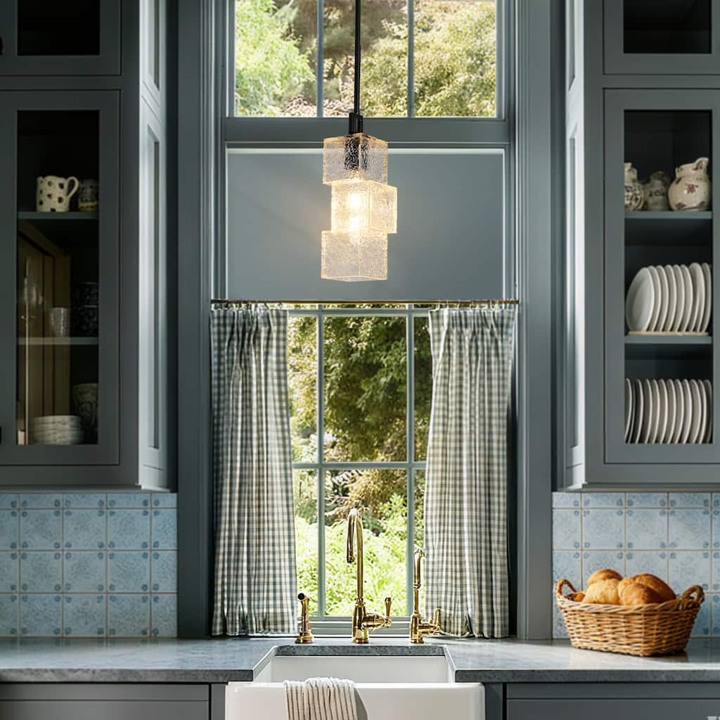 Modern Farmhouse 1-Light Kitchen Island Pendant Light Water Textured Rectangle Shade for Dining Room