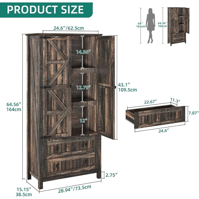 Moasis 64" Farmhouse Tall Kitchen Pantry Storage Cabinet with 2 Drawers & Doors