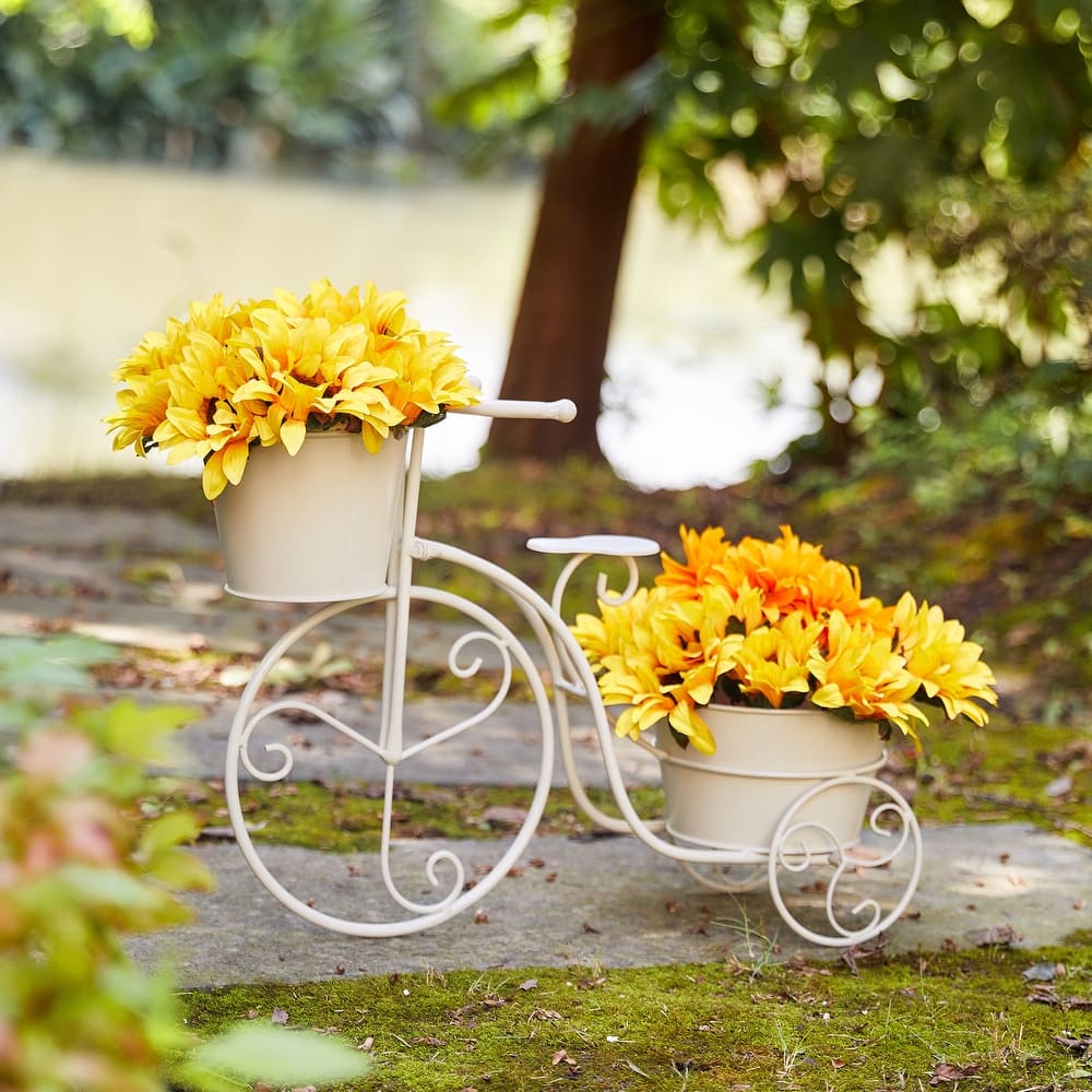 Glitzhome 21.5"L Farmhouse Metal Bicycle Planter Stands Flower Pot Cart