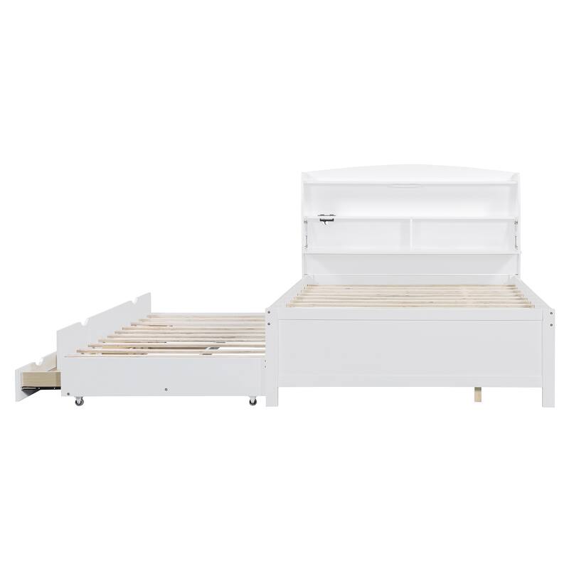 Full Size Wooden LED Platform Bed with Trundle, Storage Headboard Modern Floor Standing Bed Frame with Drawers