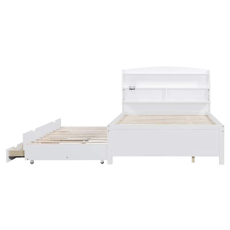 Wooden LED Platform Bed with Trundle and Storage Headboard,USB Outlets