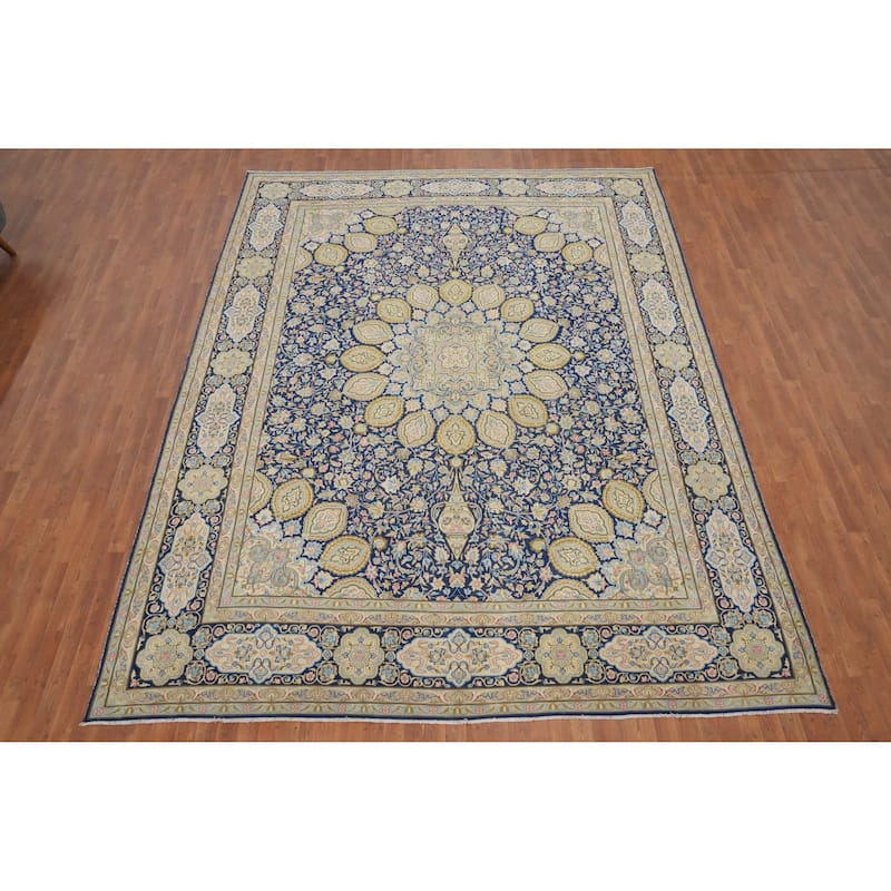 Hand Knotted Oriental 100% Wool Carpet Traditional Floral Navy Blue & Blues Kerman Area Rug - 13' 4'' X 10' 0''
