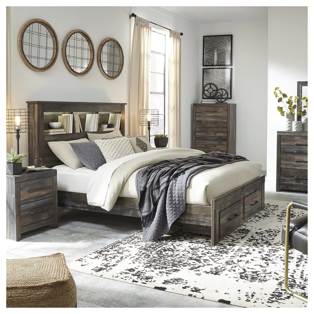 Drystan Rustic Brown Bookcase Bed with Footboard Storage Drawers