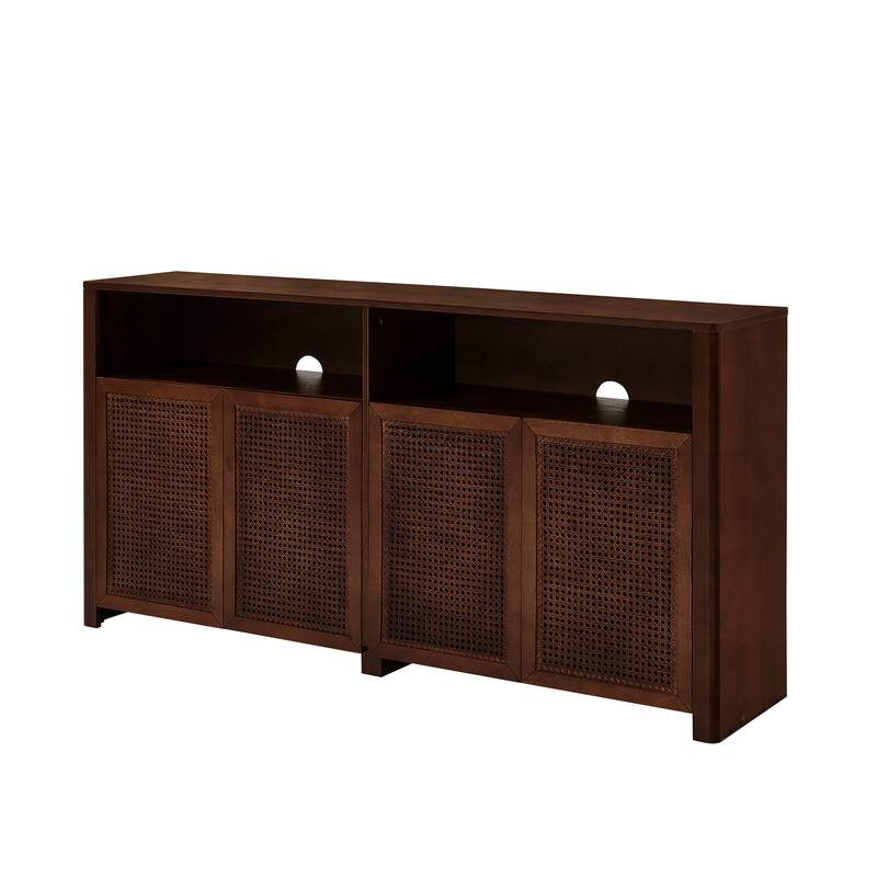63" Mid Century Modern Rattan Sideboard Buffet Cabinet with Storage, Retro Coffee Bar Wine Bar Credenza