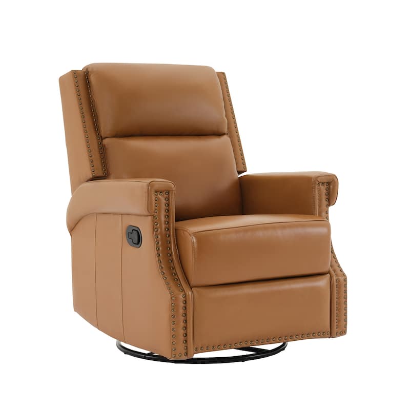 Genuine Leather Manual Rocking Recliner with 360-degree Metal Swivel Base - Camel