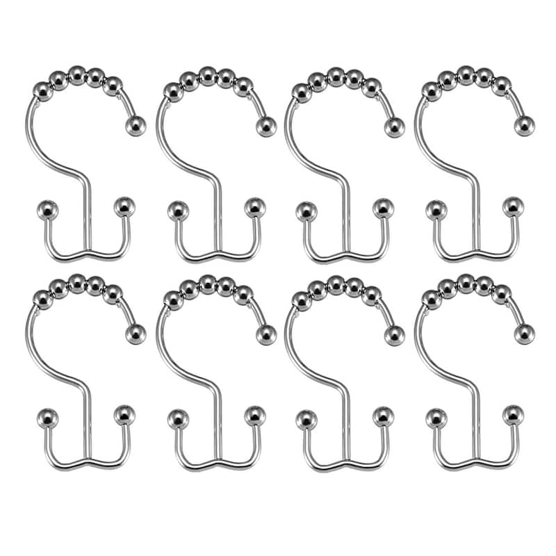 Shower Curtain Ring Hooks Metal Double Roller Glide 8 Pcs - Silver Tone