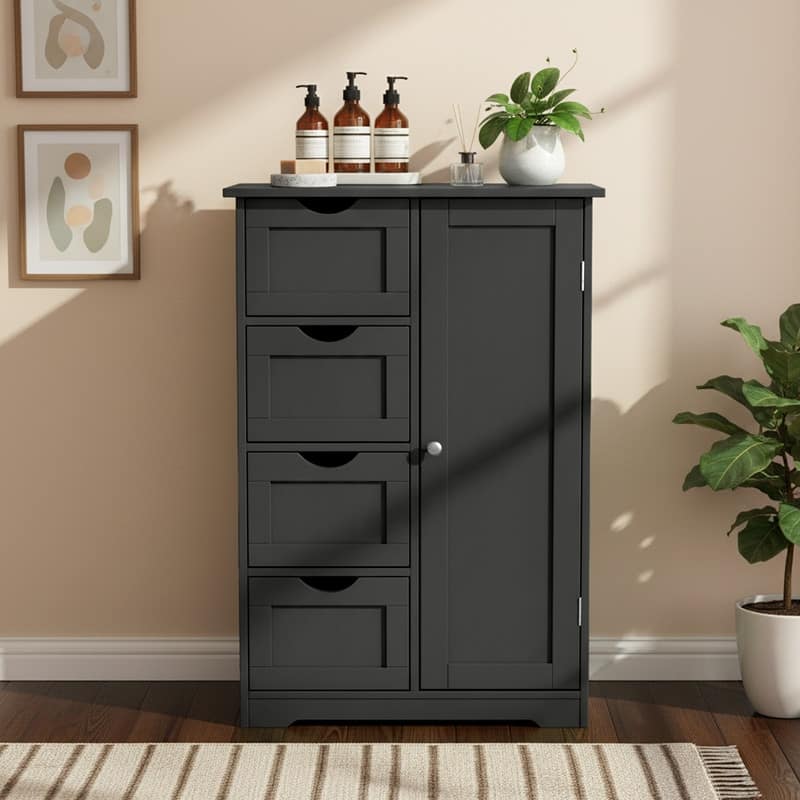 Black Bathroom Storage Cabinet with 4 Drawers and 1 Door - Black