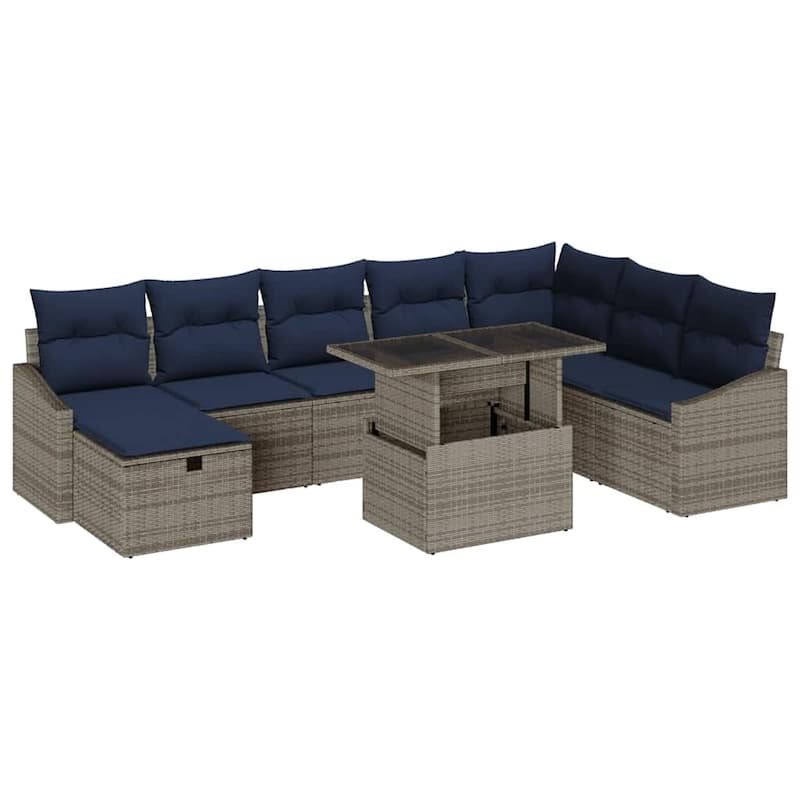 vidaXL 9 Garden Sofa Set with Cushions Black/Brown/Grey Poly Rattan - 113.6 x 70.3 x 27.2