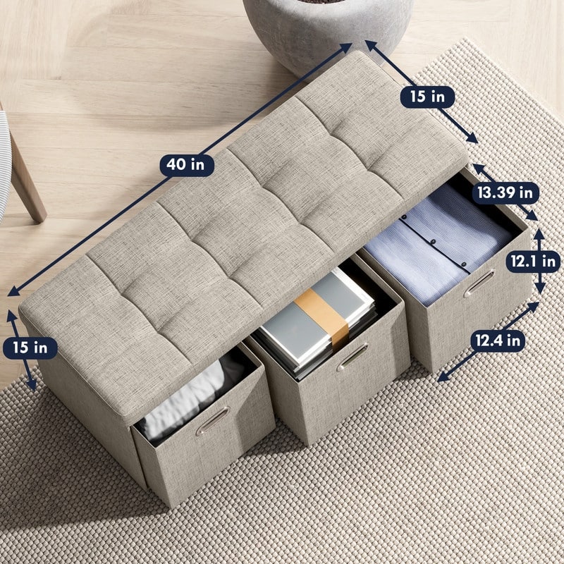 Foldable Linen Large Bench Storage Ottoman with 3 Drawer Cubes - 40"L