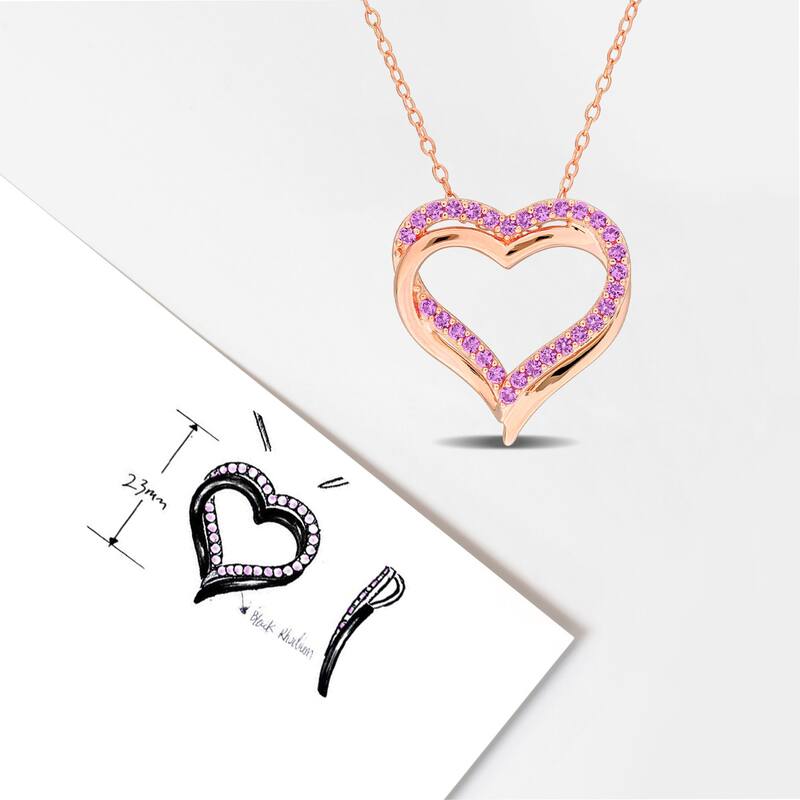 Miadora Created Pink Sapphire Crossover Heart Pendant with Chain in Rose Silver