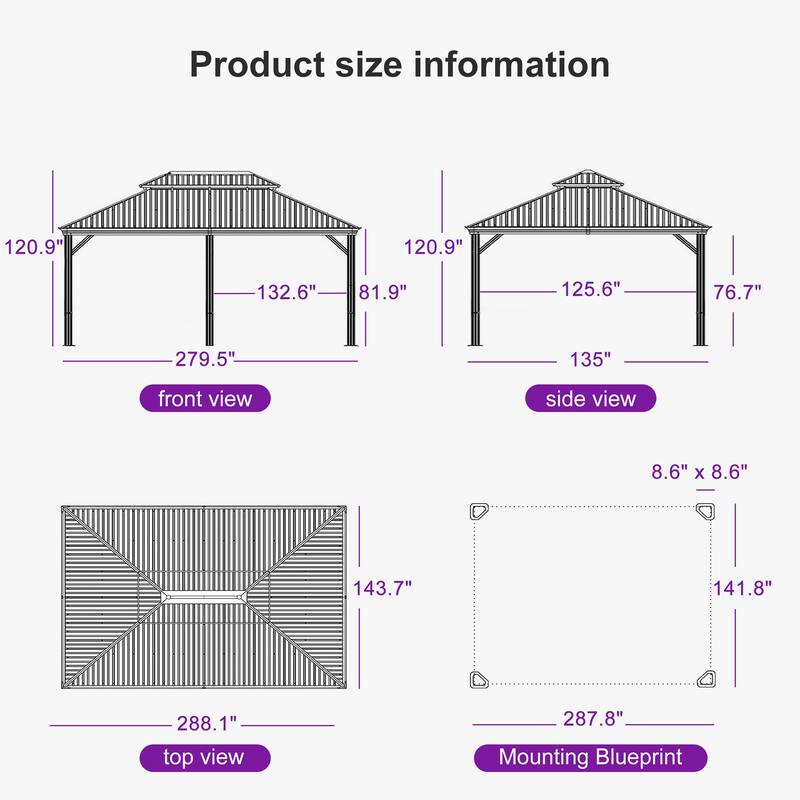 PURPLE LEAF Patio Gazebo for Backyard Hardtop Galvanized Steel Frame with Upgrade Curtain - Light Grey