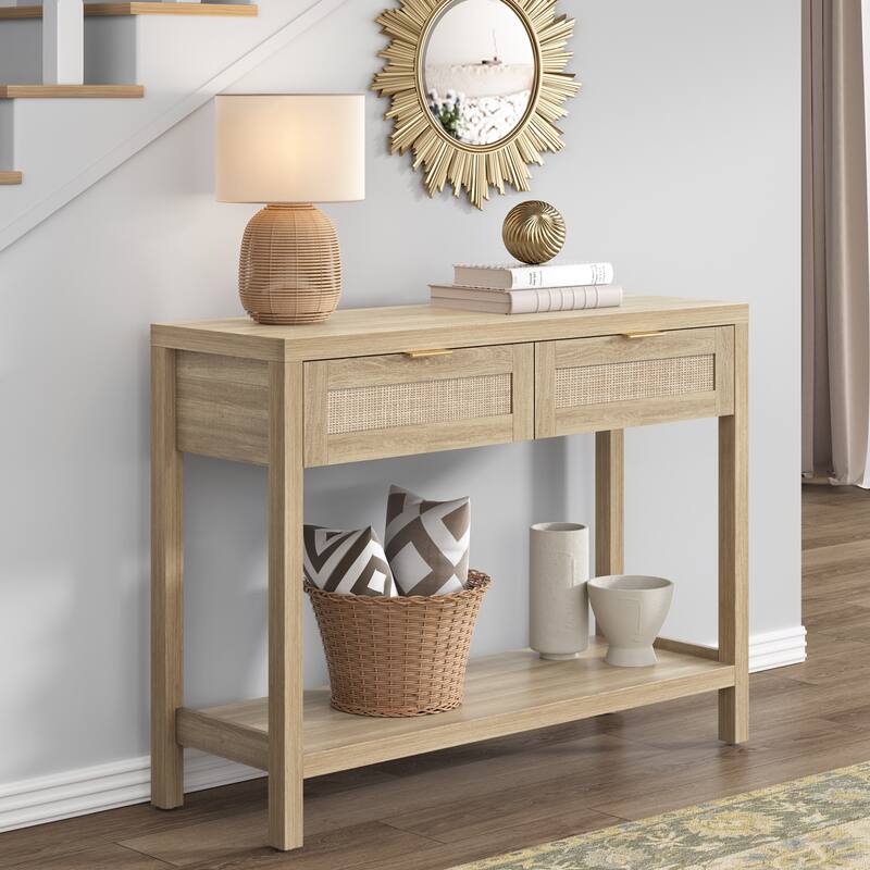 SICOTAS Rattan Console Table with 2 Drawers and Shelves - 30 x 39.4 x 13.8 - Light Oak