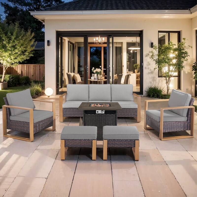 Pocassy Outdoor 30" Fire Pit Table with Sofa Swivel Chair Set - Brown Wicker Gray Cushion - 6-Piece Sofa Patio Chair Ottoman with Fire Table