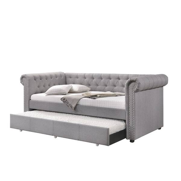 Jedda Daybed (Twin Size) with Sloped Frame, Square Wooden Legs, & Trundle, White PU Bed Bath
