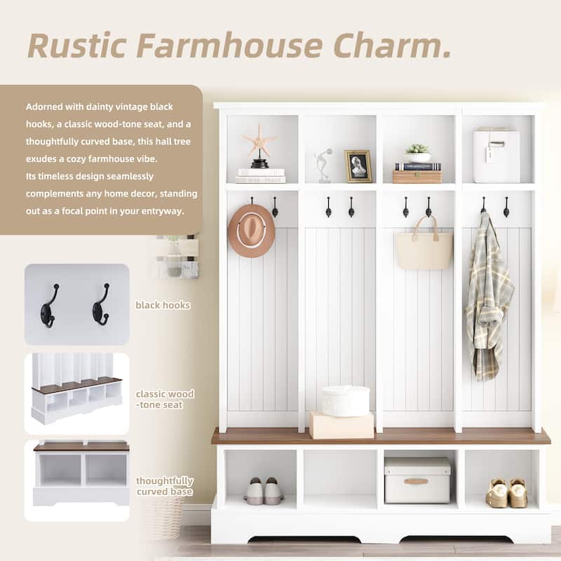 Farmhouse 59 in Hall Tree with 8 Hooks, Bench with Open Cubbies, 76.7 in H Entryway Coat & Shoe Organizer