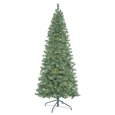 Vickerman 7.5' Oregon Fir Slim Artificial Christmas Tree, Wide Angle Single Mold Warm White LED Lights - Green