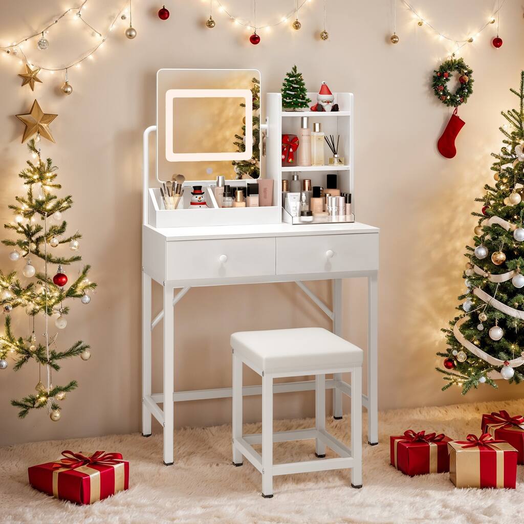 Christmas And New Year Atmosphere White Makeup Dresser With 2 Drawers And Hair Dryer Holder, 3 Lighting Colors