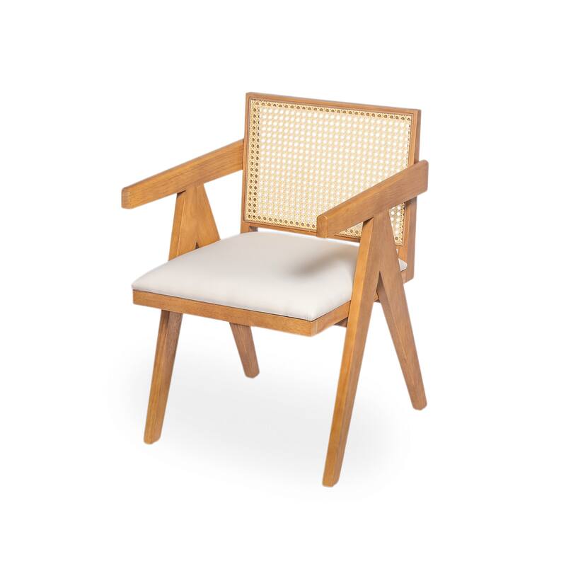 Farmhouse Rattan Dining Chairs Set of 2, Upholstered Armchairs with Backrest, Kitchen Side Chairs with Solid Wood Frame