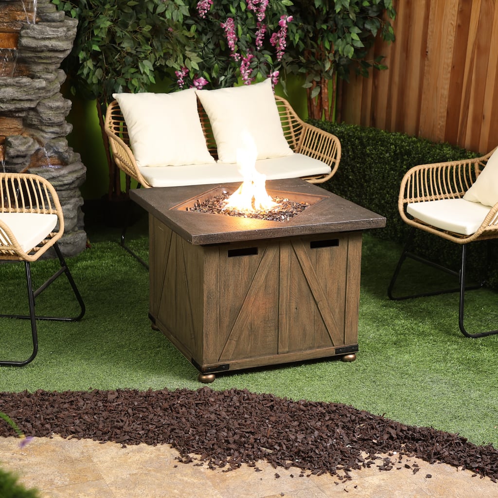 Alpine Corporation GXT964 24in Square Farmhouse Fire Pit Table with 50K BTU and Adjustable Flame Wood Look Outdoor Decor Brown