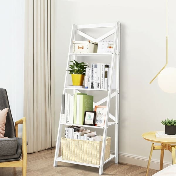 4 Tier Leaning Free Standing Ladder Shelf Bookcase White White Overstock 31647225 The modern living is clean and neat where less is considered more. 4 tier leaning free standing ladder