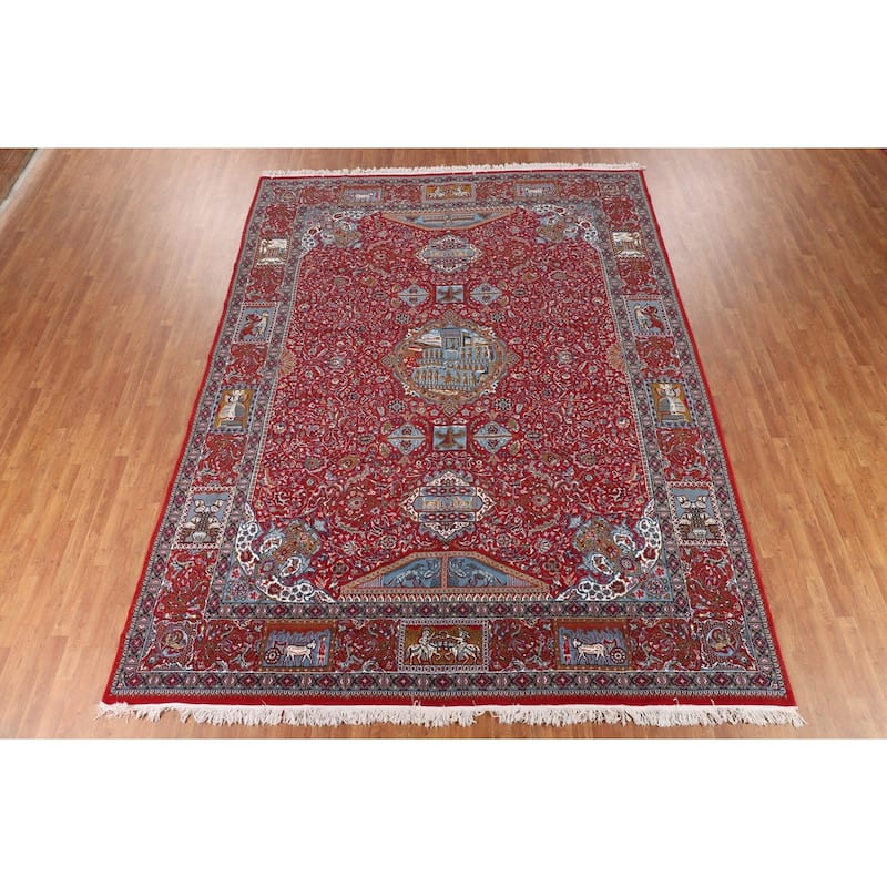 Pictorial Red Floral Kashan Turkish Area Rug Machine-Made Carpet - 9'8" x 12'11"