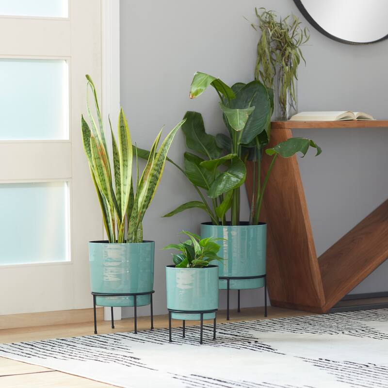Metal Planter with Removable Black Stand (Set of 3) - S/3 10" 13" 14"H - Teal