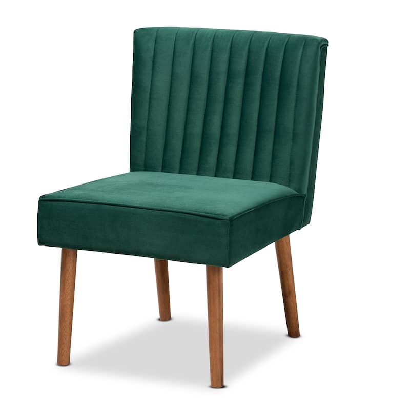 Alvis Mid-Century Velvet Upholstered Dining Chair - Emerald Green, Walnut Brown