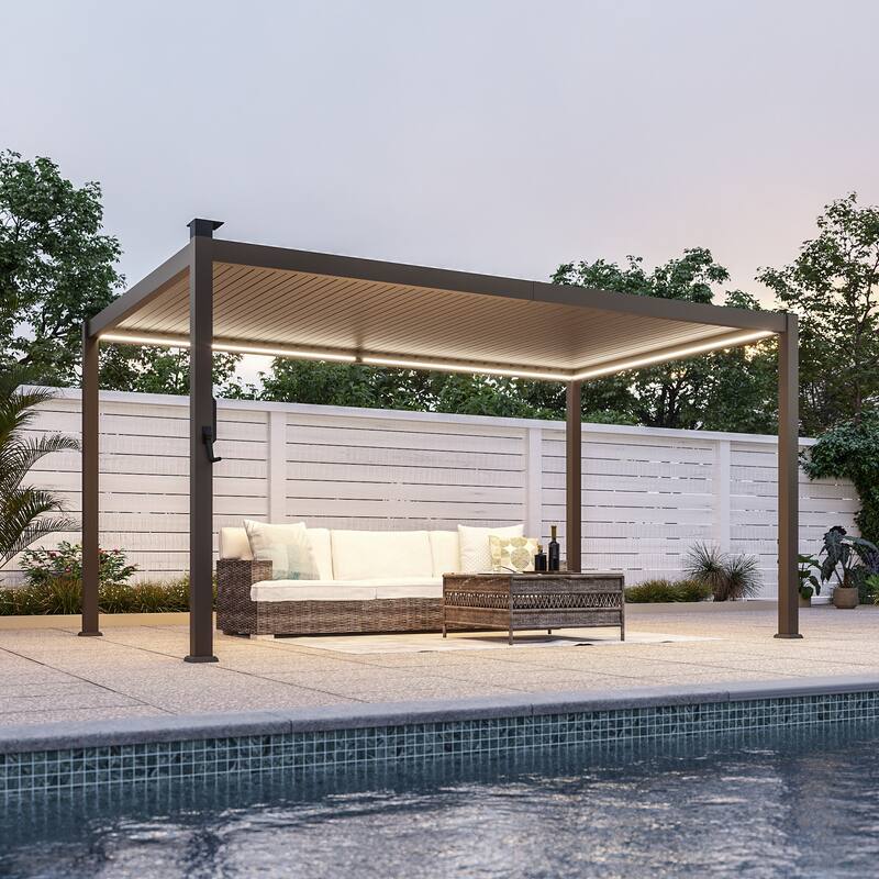 Outdoor Metal Solar LED Louvered Pergola with Adjustable Roof - 9' x 14' - Brown