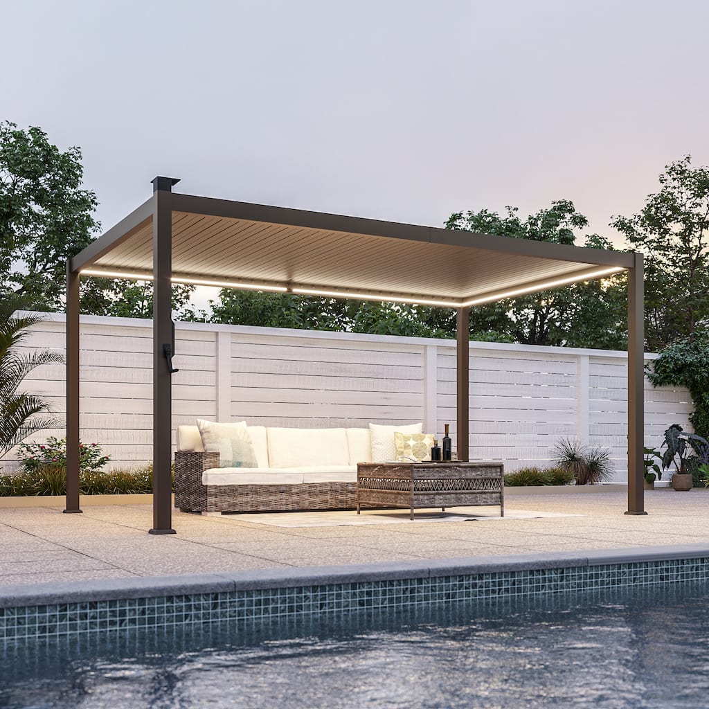 Outdoor Metal Solar LED Louvered Pergola with Adjustable Roof