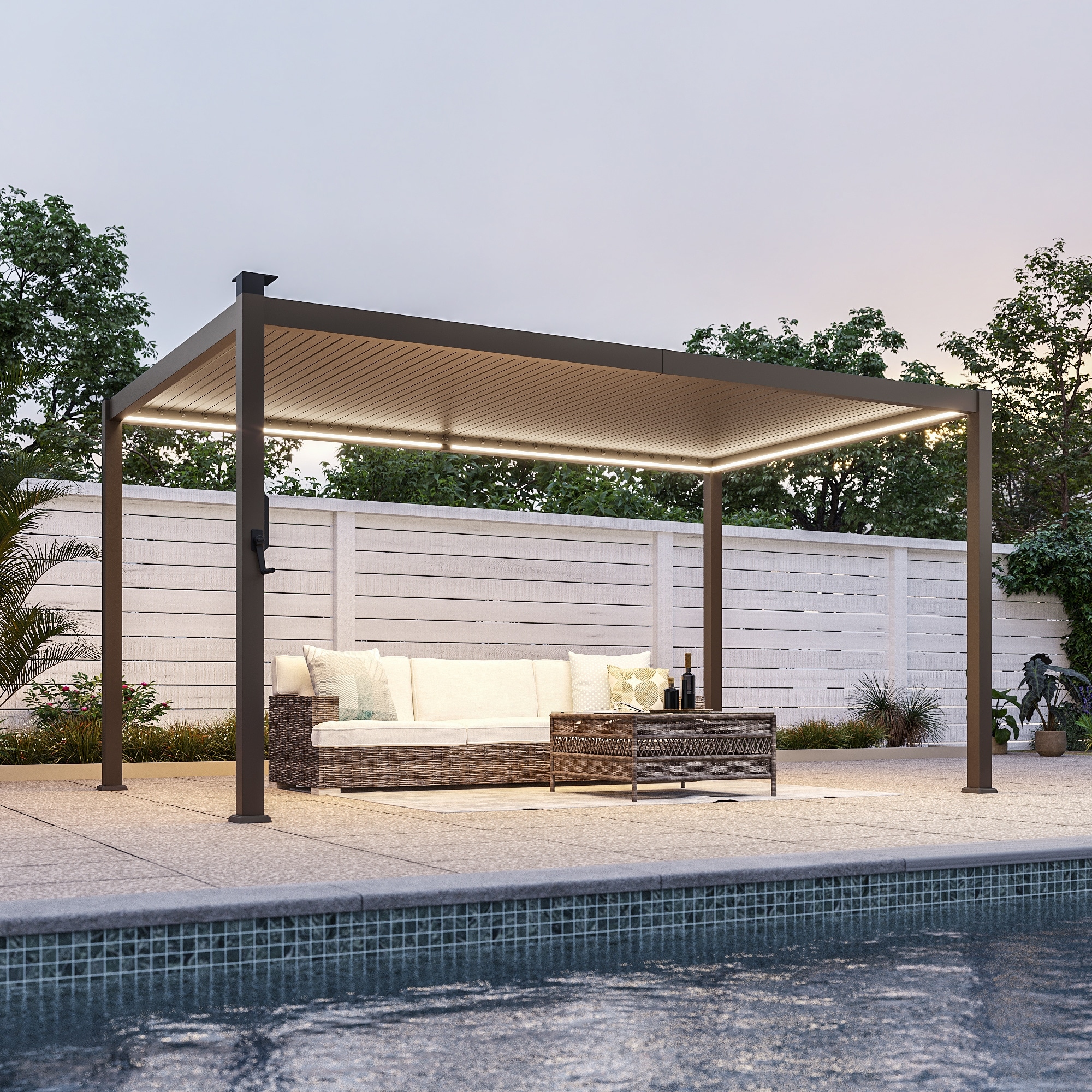 Outdoor Metal Solar LED Louvered Pergola with Adjustable Roof